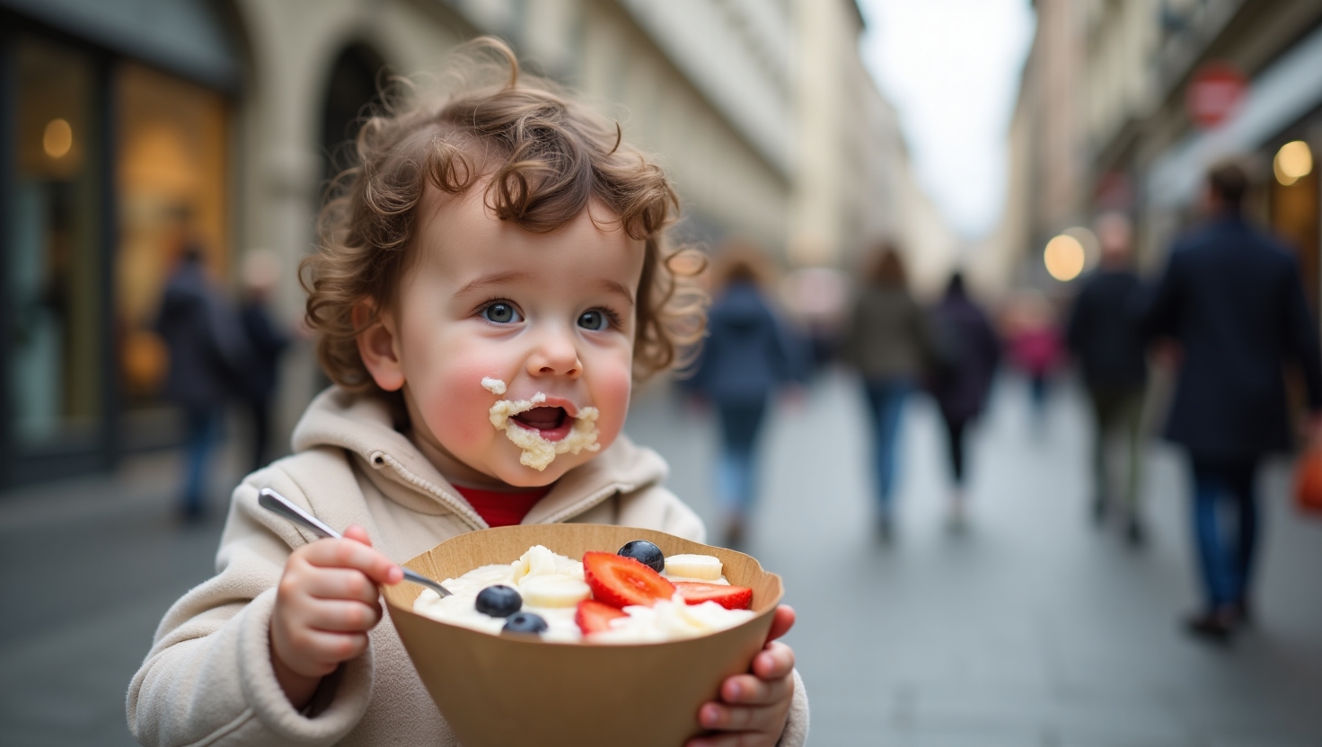 A toddler enjoying a bowl of Brei